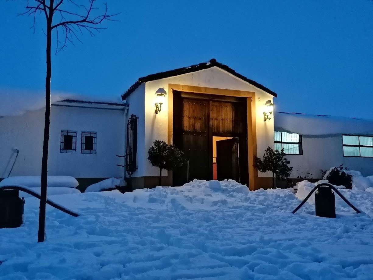 Edificio blanco nevado con puerta iluminada y nieve alrededor. Escena nocturna.