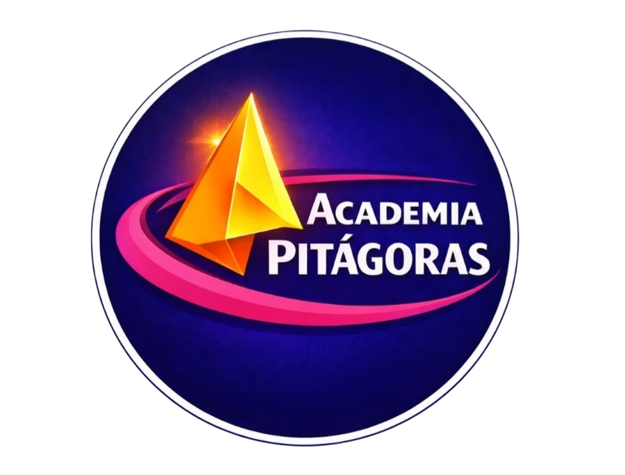 Logotipo de Academia Pit&aacute;goras: pir&aacute;mide amarilla dentro de un c&iacute;rculo azul con l&iacute;neas curvas y texto de color rosa y blanco.