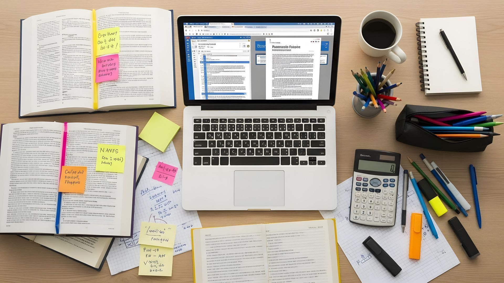Computadora portátil con documento de Word abierto, dos libros abiertos con notas, calculadora, bolígrafos, lápices, taza de café.