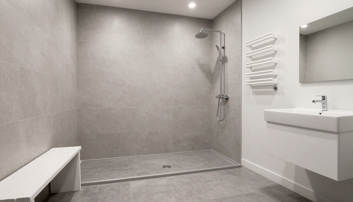 Baño moderno de color gris con ducha a ras de suelo, lavabo blanco, toallero eléctrico y banco.