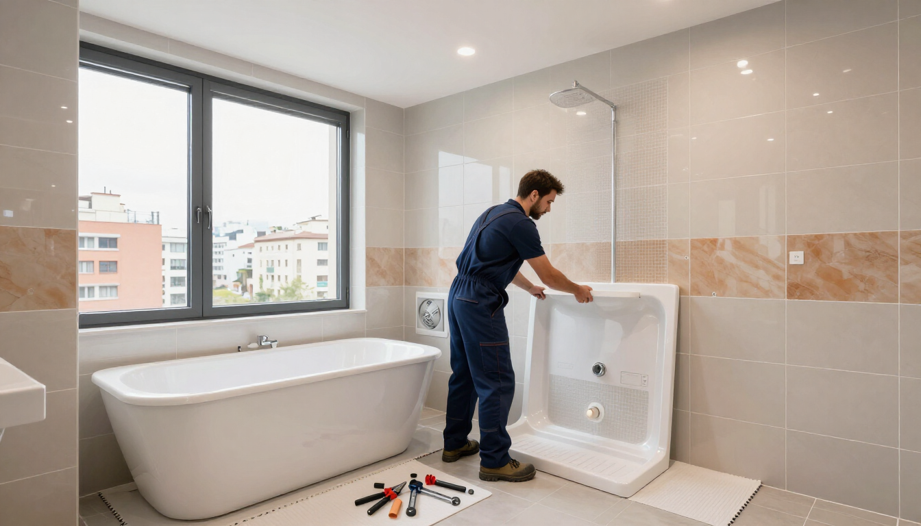 Fontanero instalando una base de ducha blanca en un baño luminoso con bañera y ventana grande.