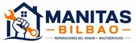 Logotipo de Manitas Bilbao con casa, herramientas y texto en azul y naranja.