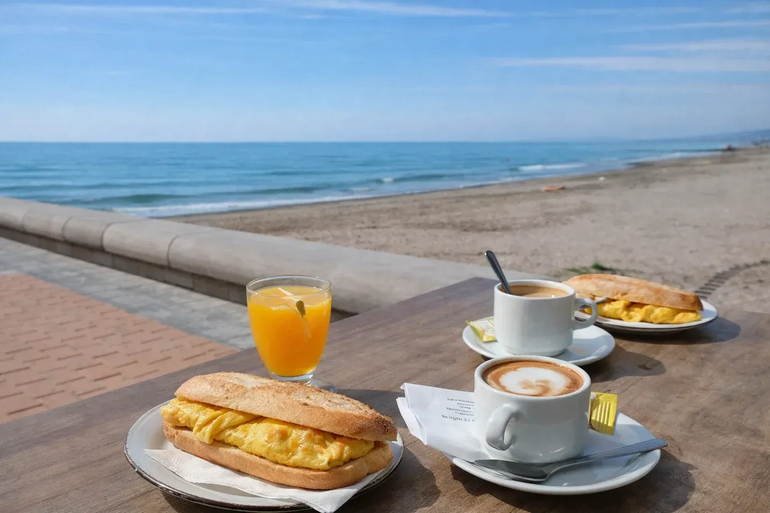 Desayuno con vista al mar: sándwiches, café y jugo en una mesa. Playa y cielo azul de fondo.