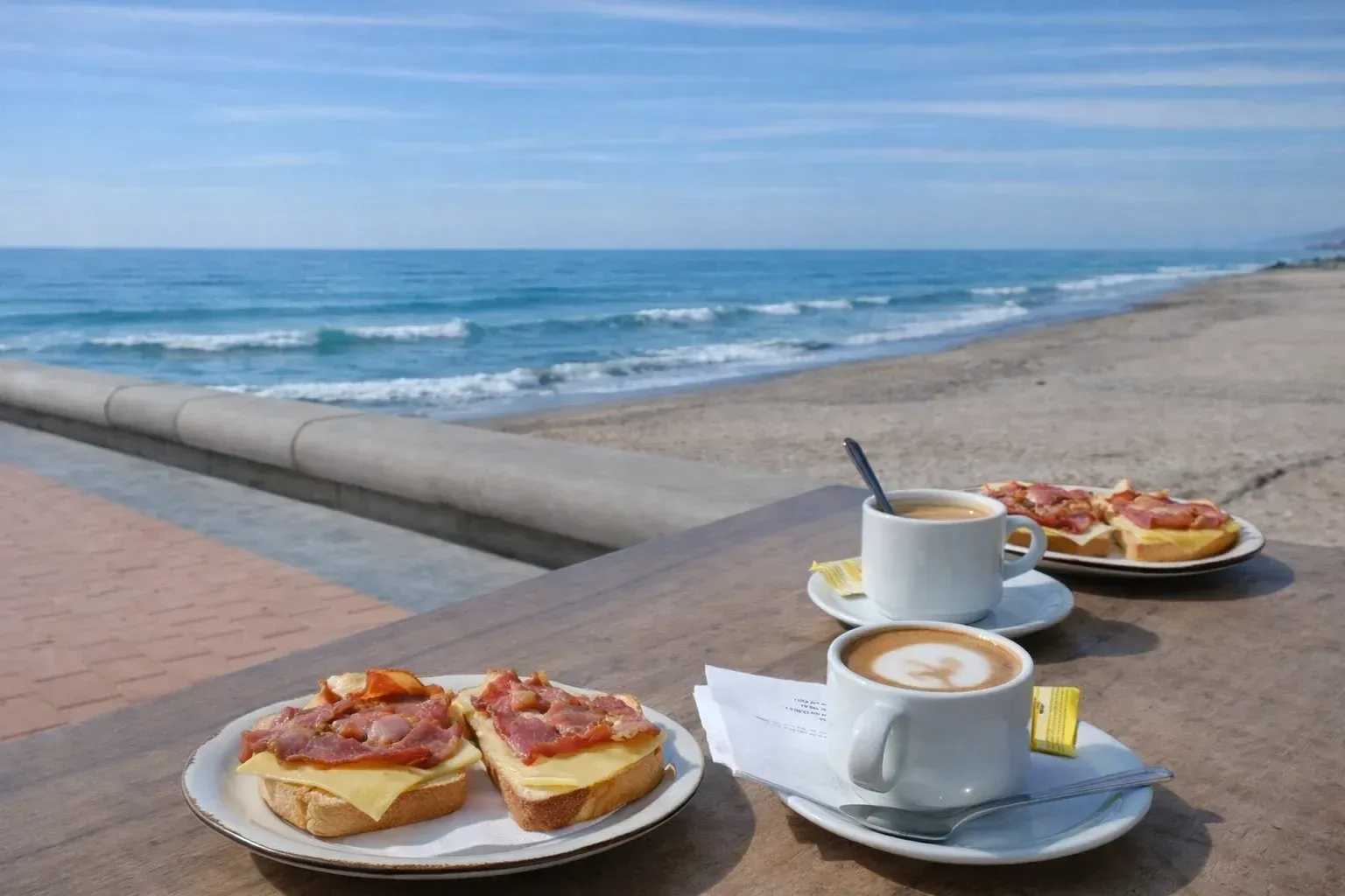 Desayuno con café y vista al mar: tostadas con queso y tocino, dos tazas de café en una mesa de madera.