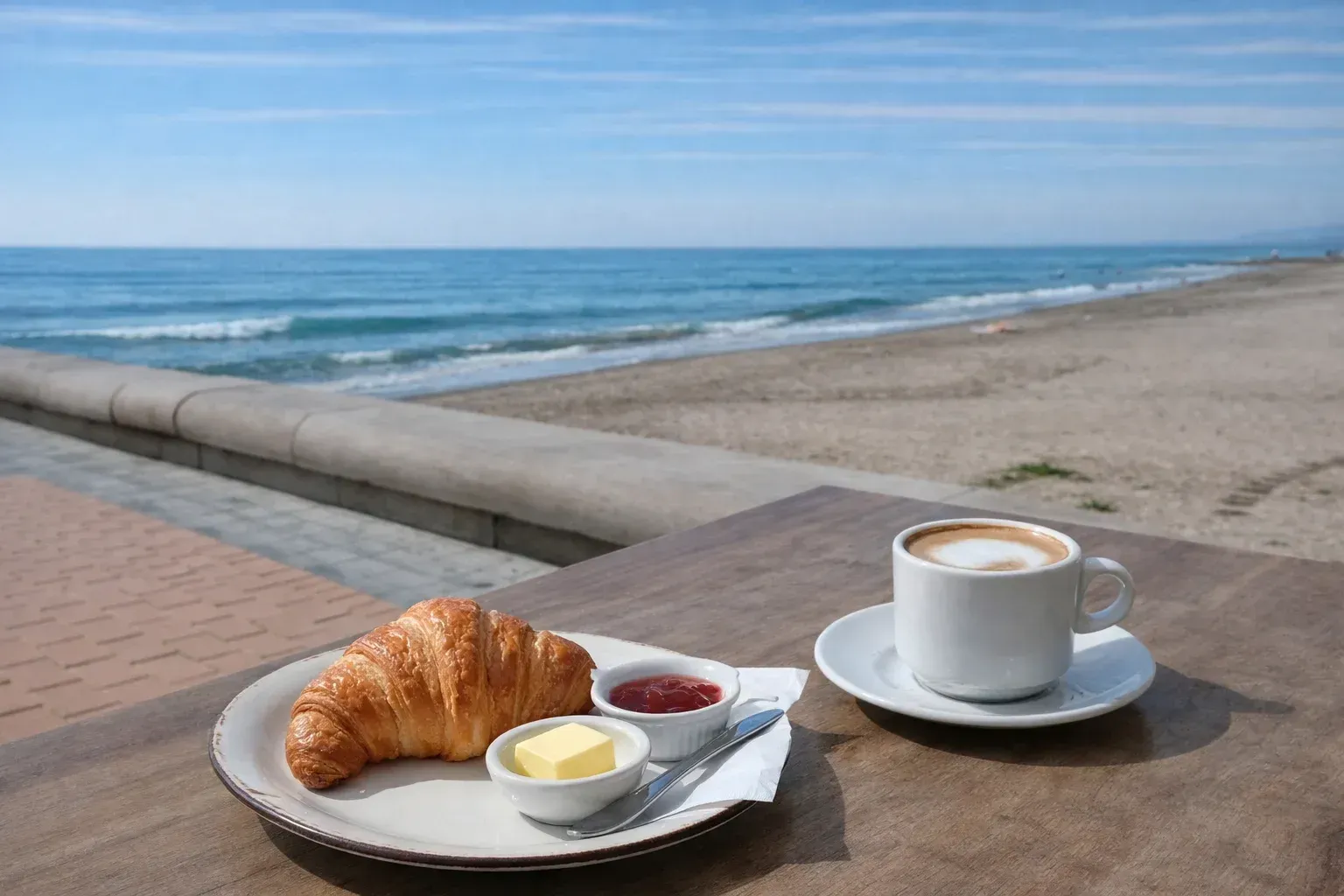 Croissant, confiture, beurre et café sur une table en bord de plage avec vue sur l'océan.