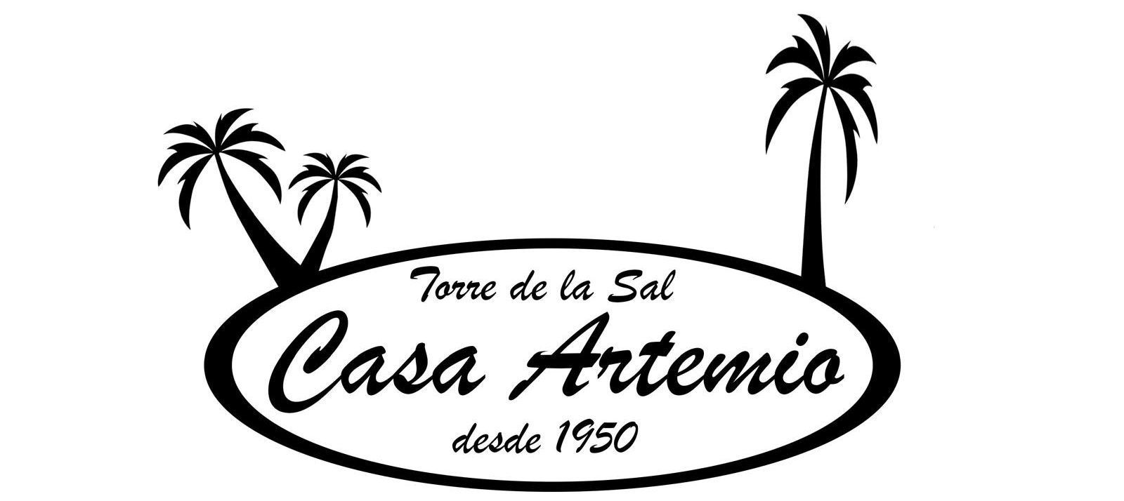 Logo pour Casa Artemio avec des palmiers et du texte en espagnol.