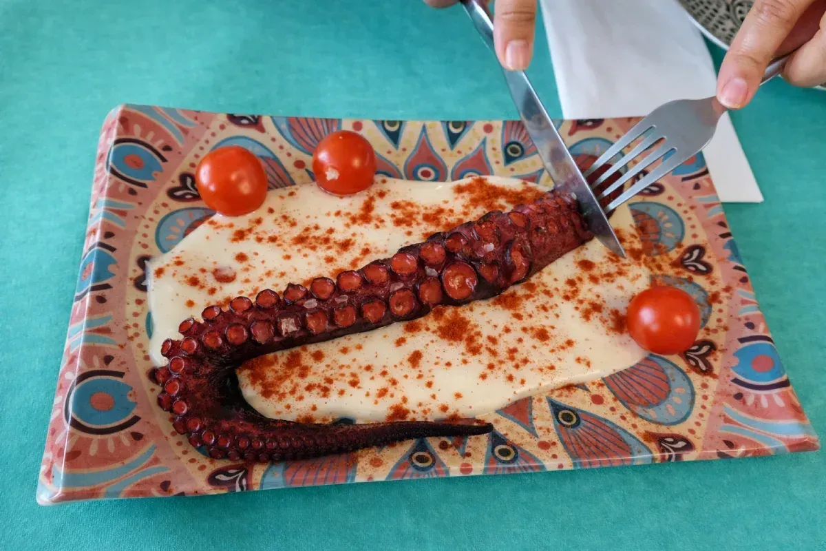 Plato de pulpo a la plancha sobre puré de patatas, adornado con tomate y pimentón, cortado a cuchillo y tenedor.