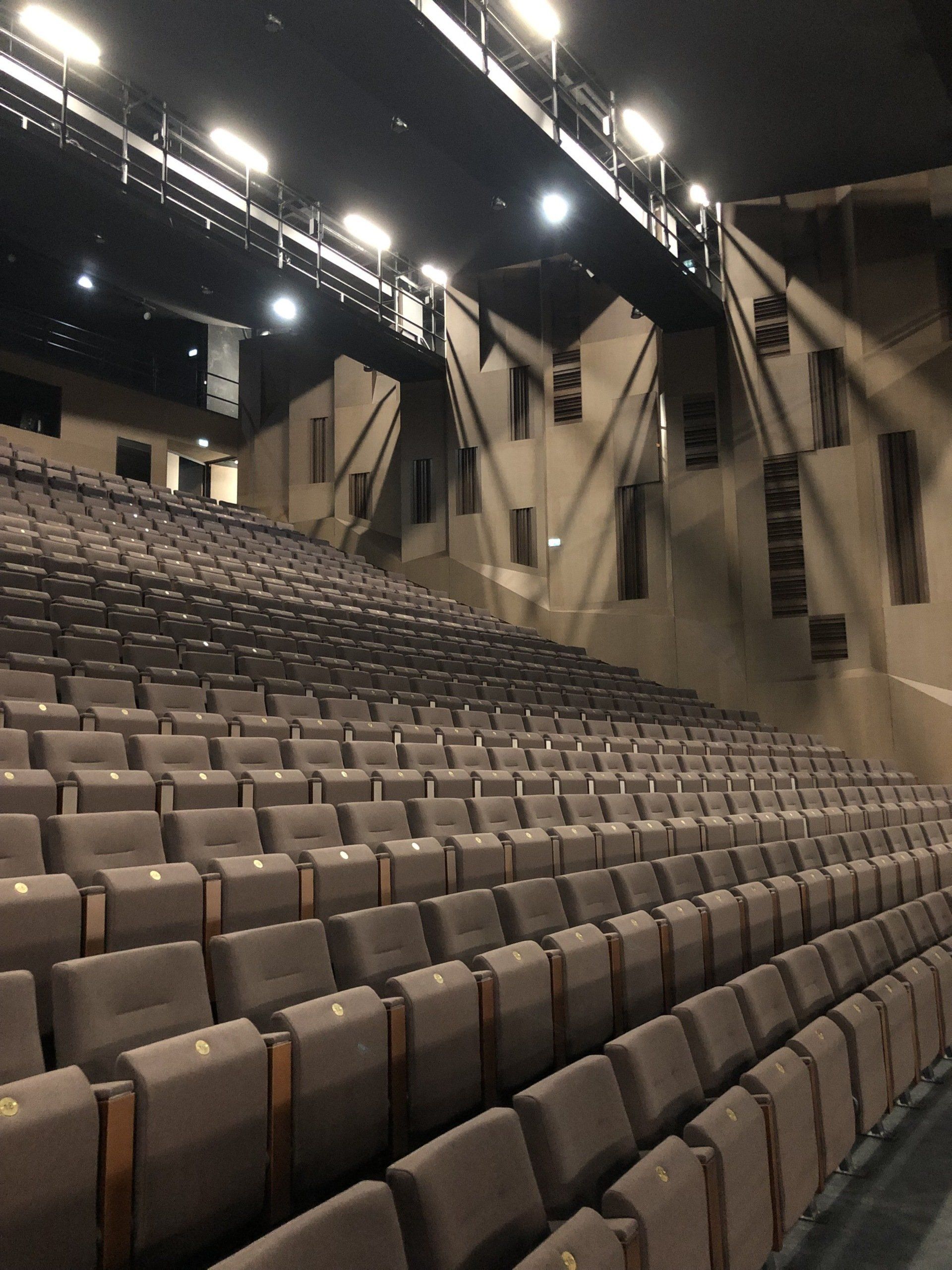 Salle de théâtre vide, avec des rangées de sièges marron et des lumières au plafond.