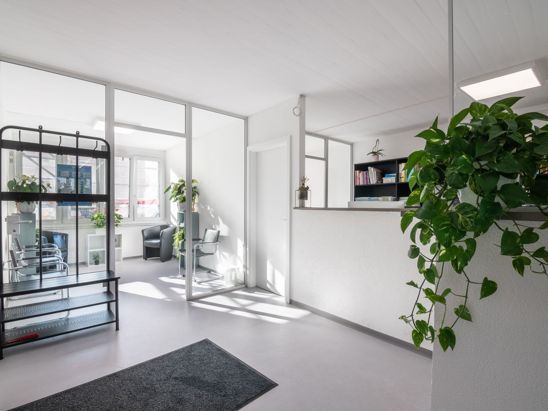 Intérieur de bureau moderne avec murs blancs, cloisons vitrées et plantes ; un espace d'accueil.
