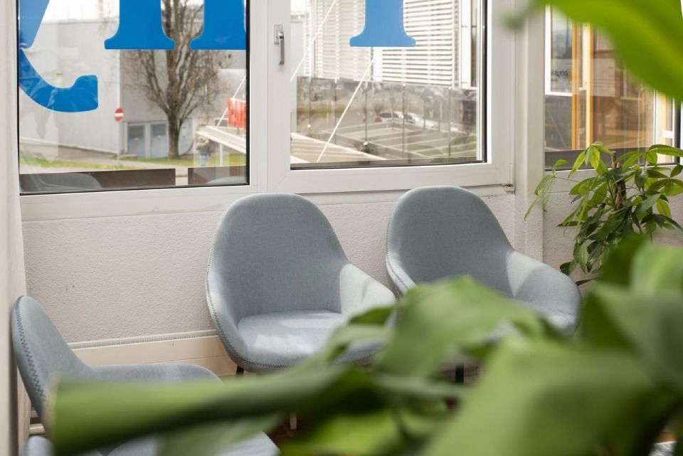 Trois chaises grises dans une salle d'attente près d'une fenêtre, avec une plante à feuillage au premier plan.