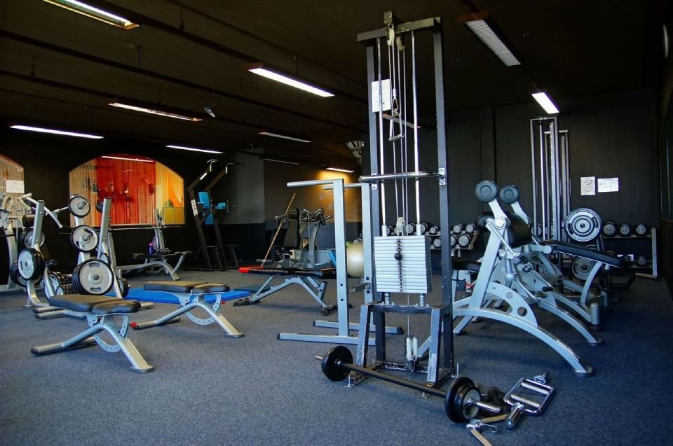Intérieur d'une salle de sport avec machines de musculation et haltères sur moquette foncée.