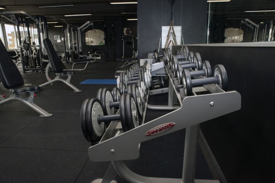 Des haltères alignées sur un support dans une salle de sport équipée de machines de musculation et d'un miroir. 