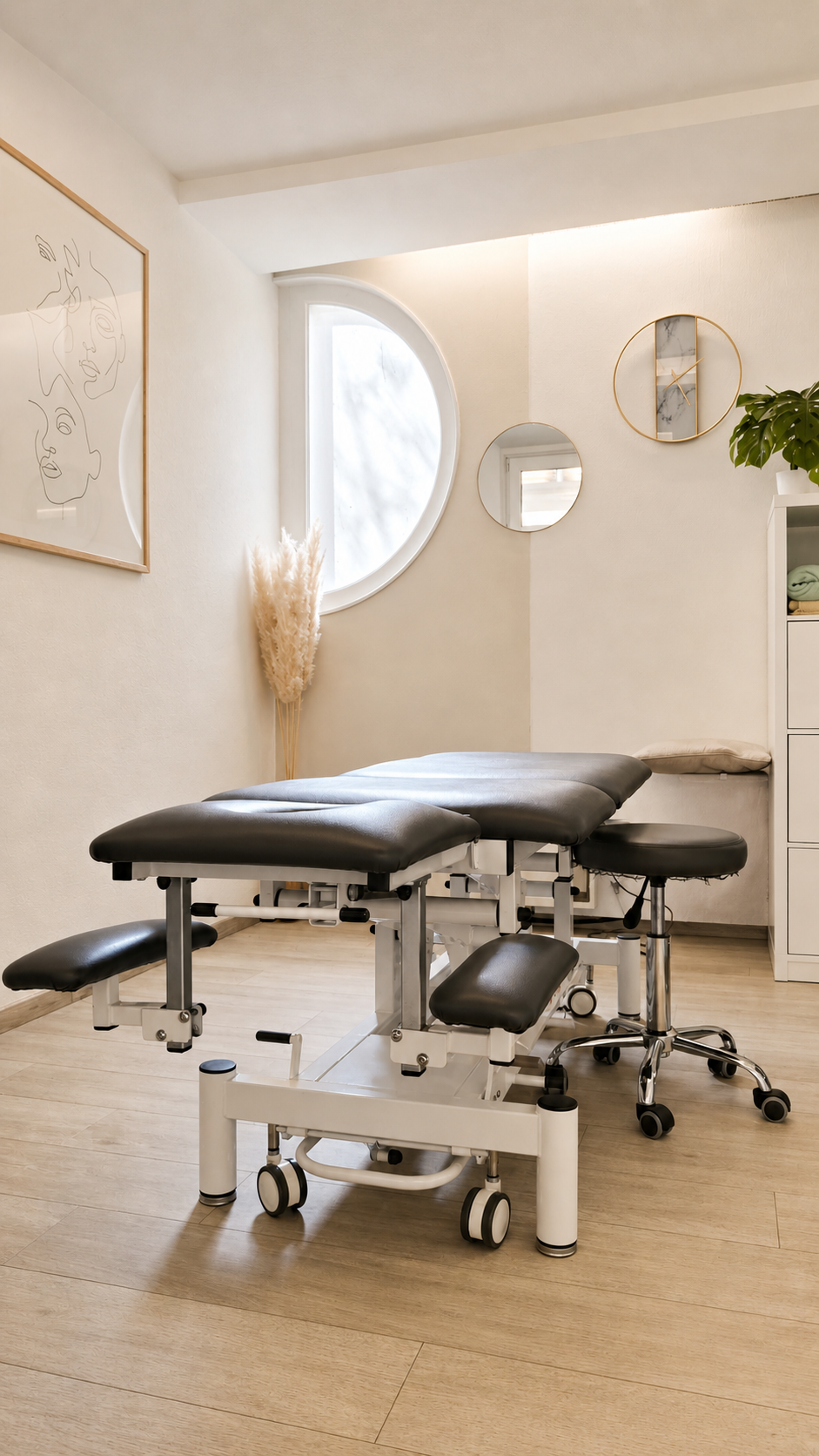 Salle d'examen moderne avec table de soins, tabouret et miroirs muraux circulaires dans un intérieur beige clair.