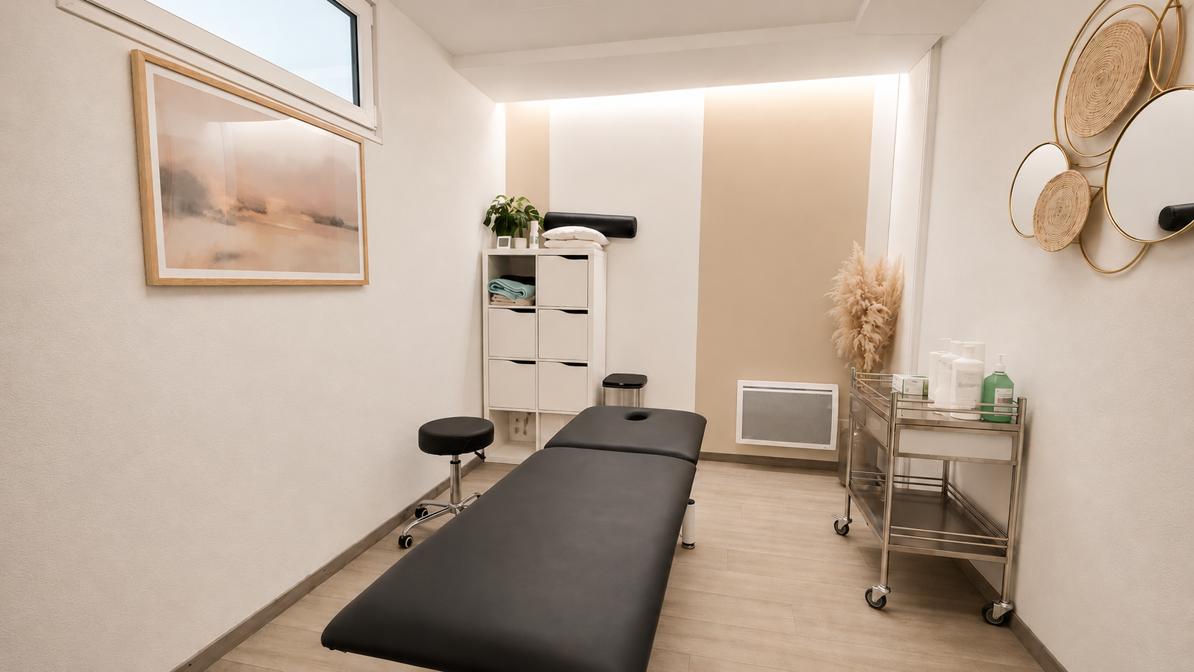 Salle de massage minimaliste avec table de massage noire, armoires blanches et décor beige.