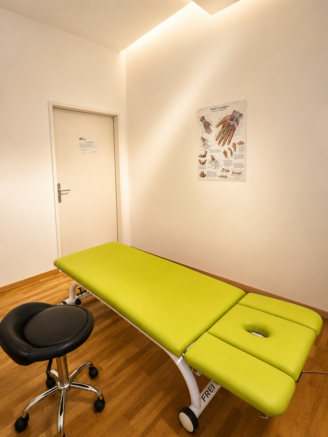 Table de massage vert vif dans une petite salle d'examen avec un tabouret noir et une porte blanche.