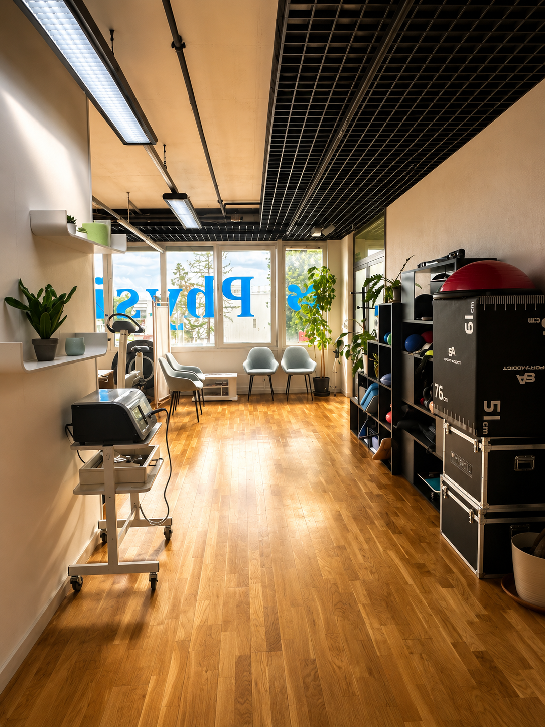 Studio de Pilates moderne avec parquet, machines Reformer et grandes baies vitrées.