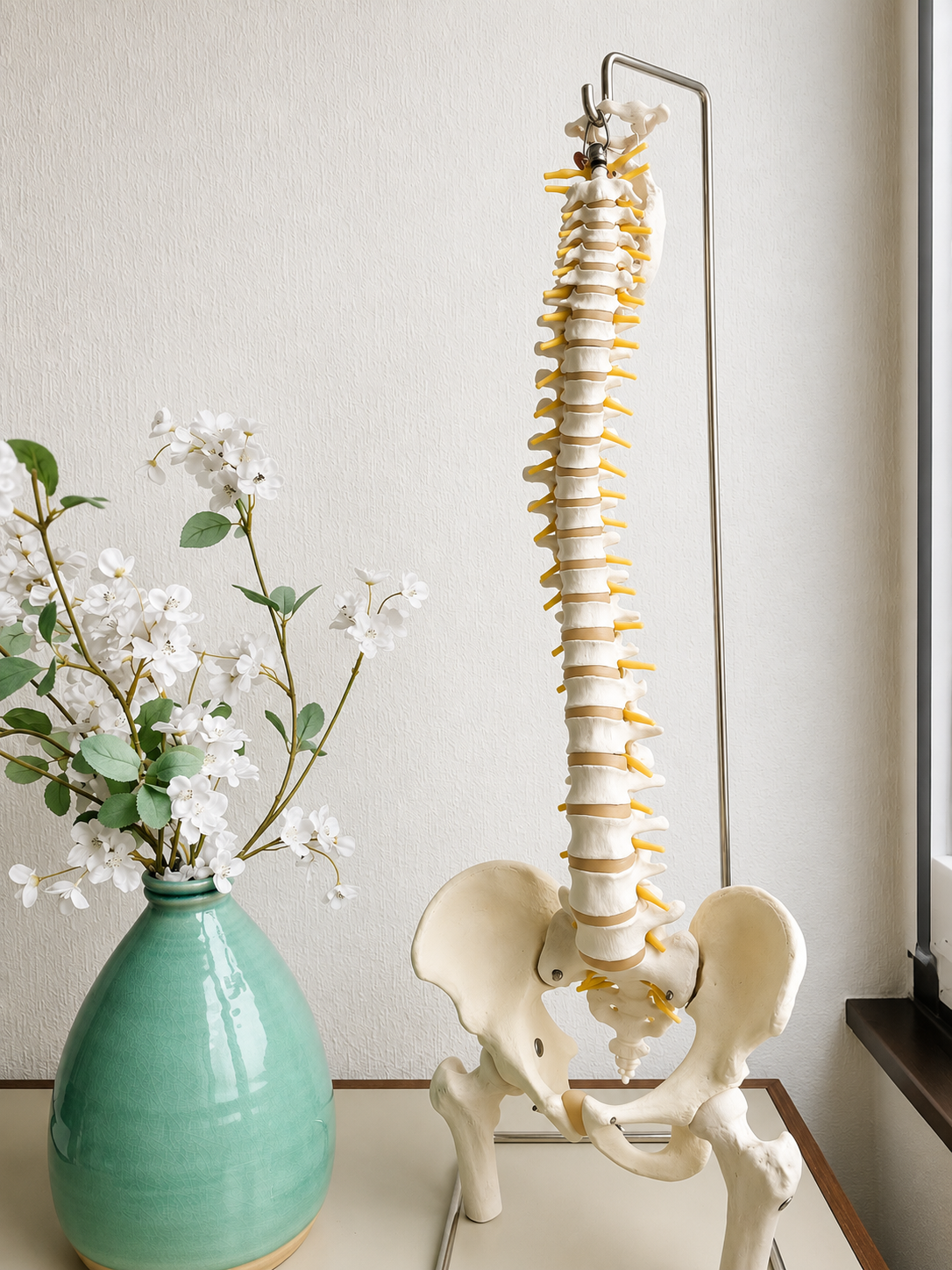 Modèle anatomique de colonne vertébrale sur un support, à côté d'un vase turquoise de fleurs blanches posé sur une table.