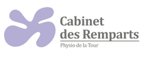 Logo pour Cabinet des Remparts, avec une icône abstraite violette et le texte gris « Physio de la Tour »