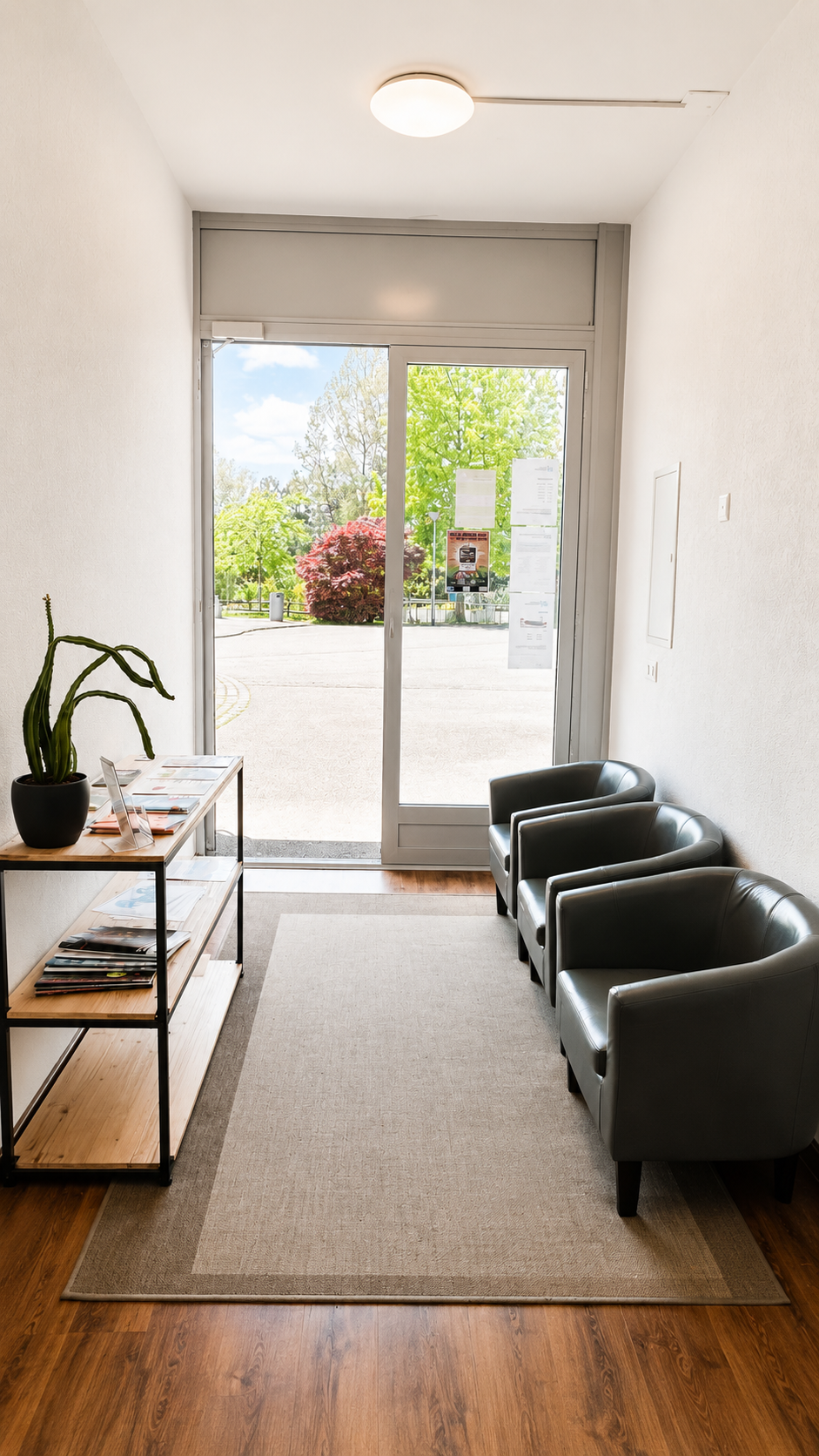 Un coin salon lumineux dans le couloir, avec deux chaises noires, une petite table et une porte vitrée donnant sur un jardin.