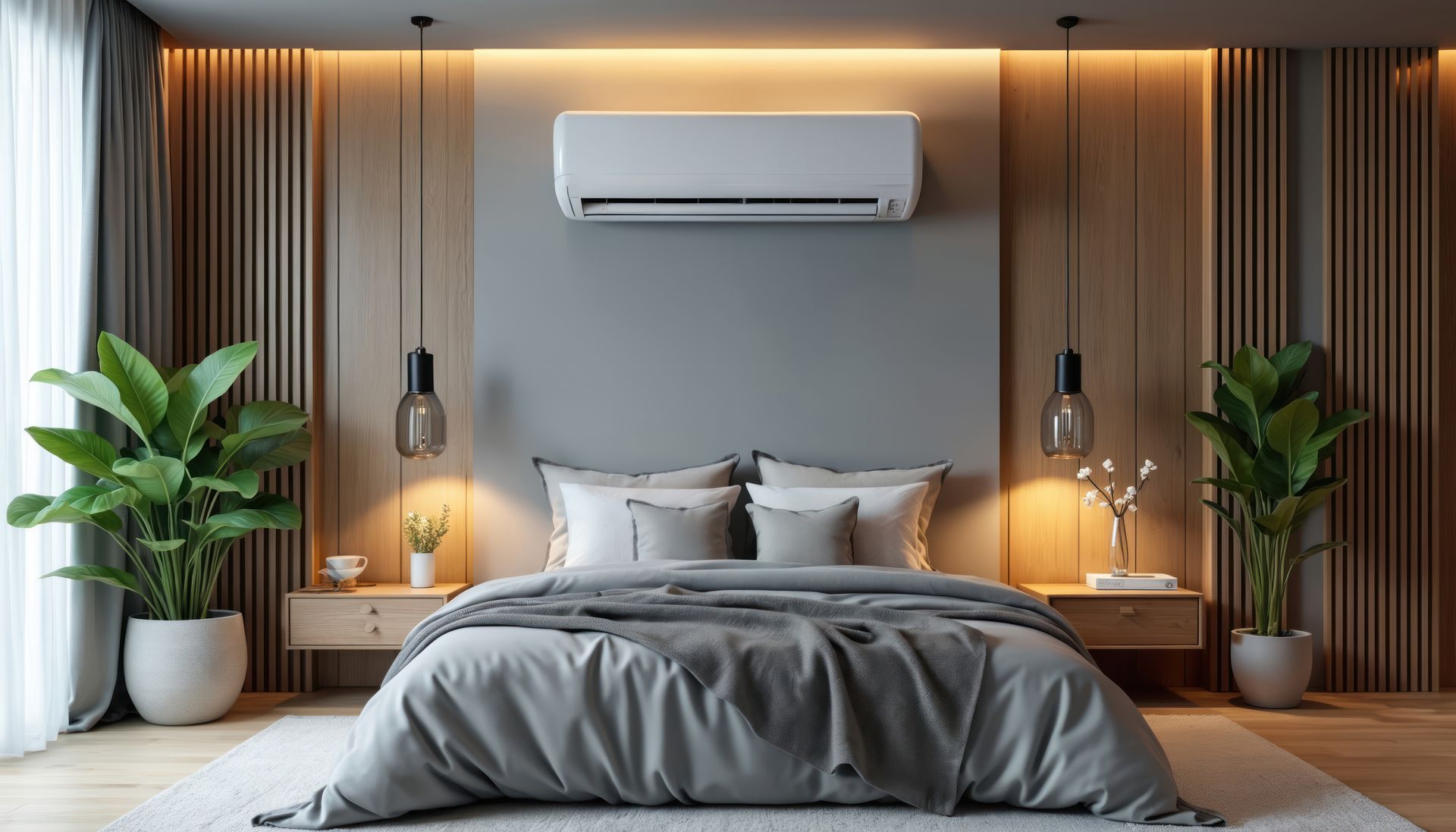Unité de climatisation extérieure fixée sur le mur en briques d'une maison.