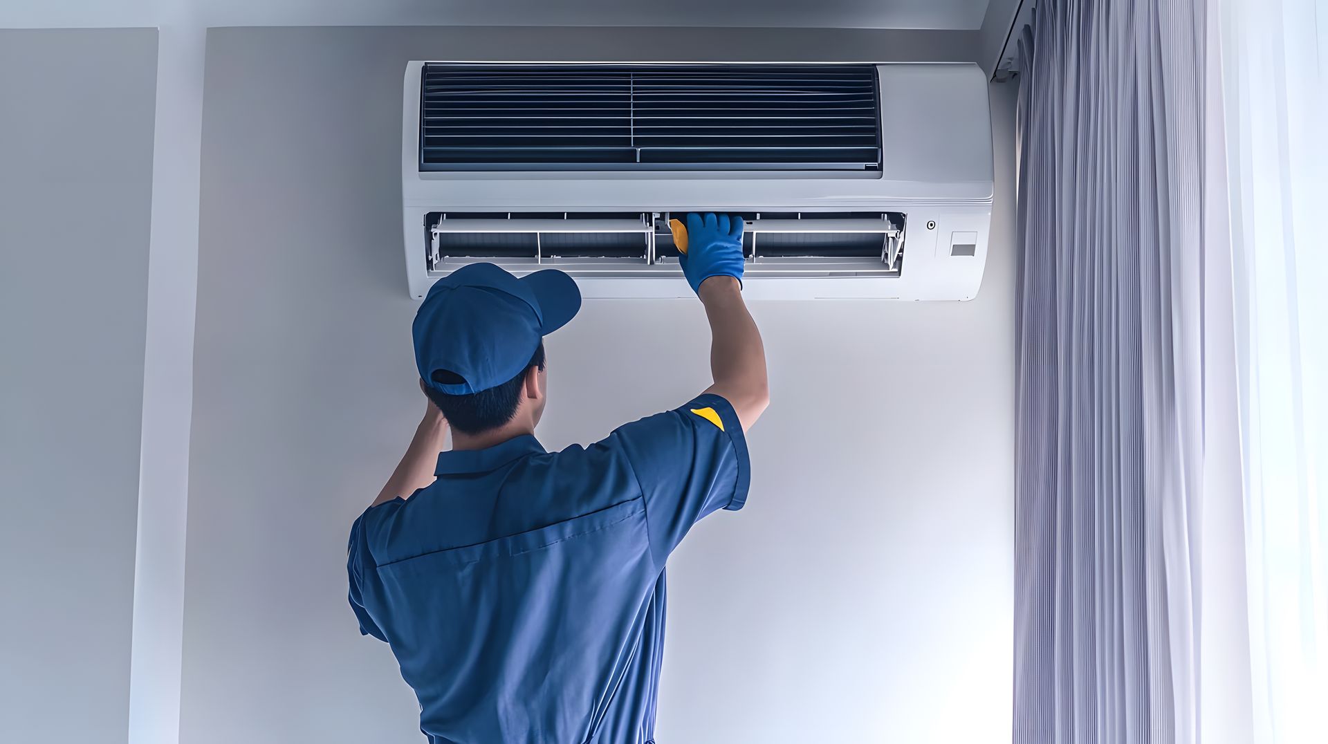Des mains nettoient un climatiseur mural blanc avec un tournevis.