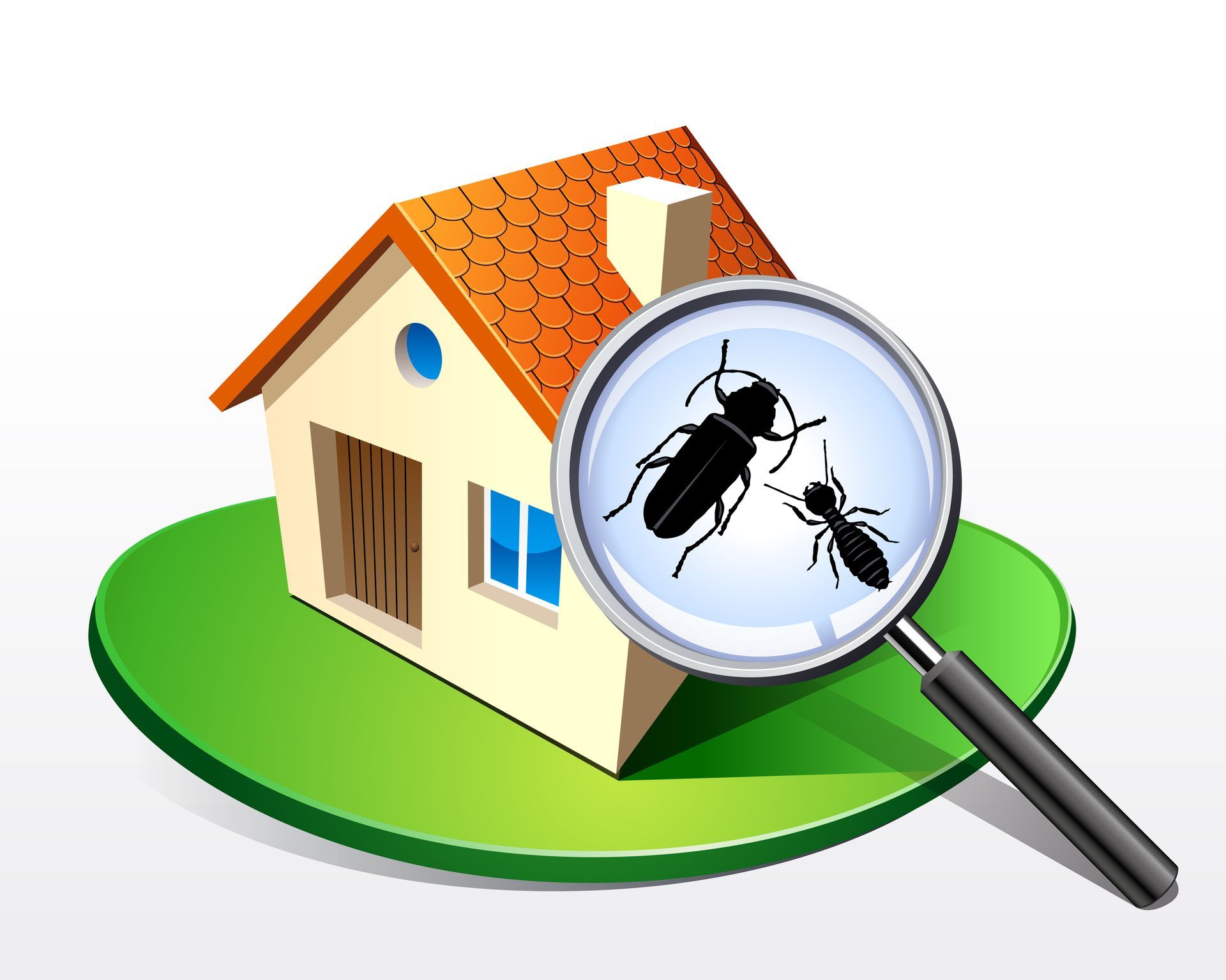 Maison avec une loupe montrant un cafard et une fourmi ; concept de lutte antiparasitaire.