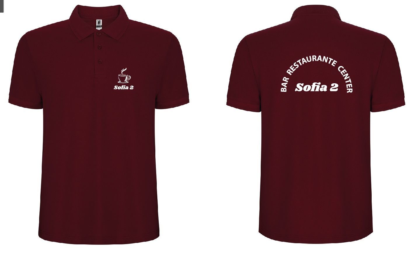 Polo burdeos con logo “Sofia 2” en la parte delantera y “Bar Restaurante Centro” en la espalda.