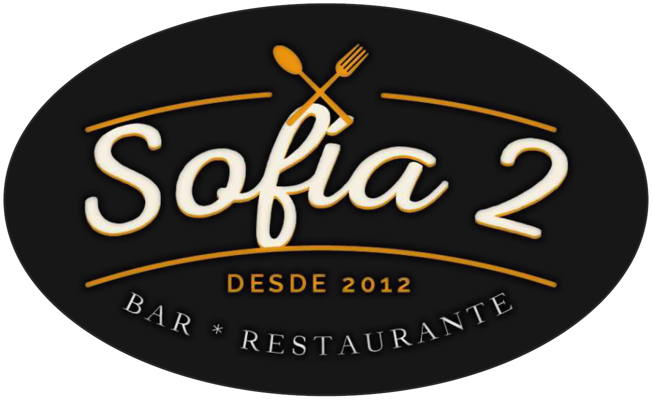 Logotipo del restaurante "Sof&iacute;a 2"; &oacute;valo negro con letras doradas y utensilios cruzados. 