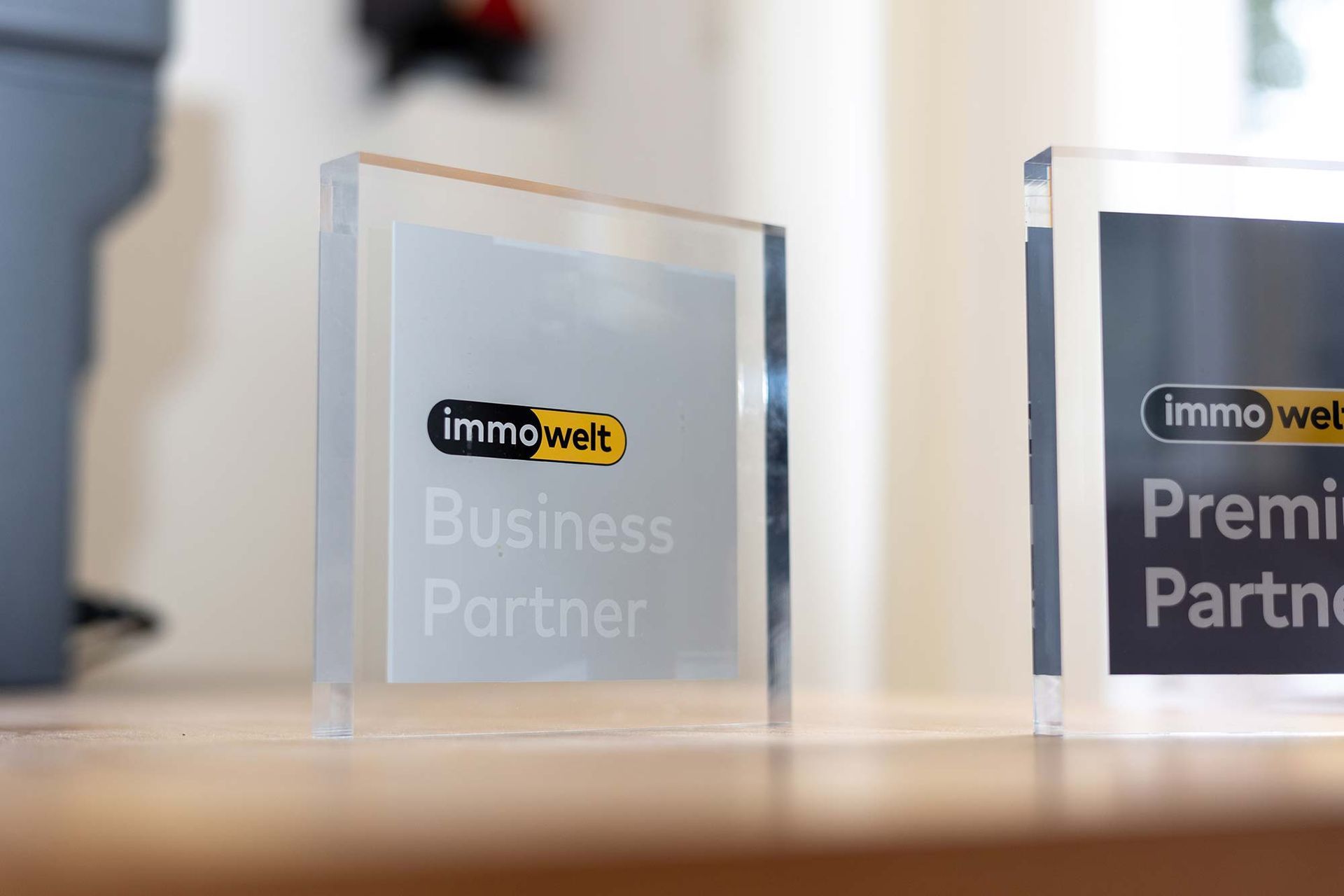 Auf einem Holztisch liegen zwei Acryltafeln.