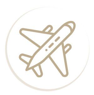 A line drawing of an airplane in a circle on a white background.