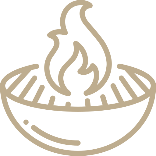 A line drawing of a bowl with a fire coming out of it.