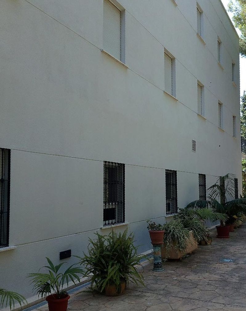 Un edificio blanco con plantas en macetas delante.