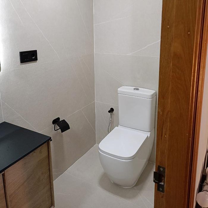 Un inodoro está sentado en un baño al lado de un lavabo.