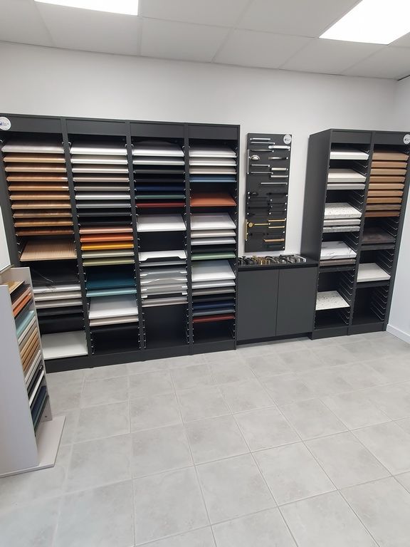 Meuble avec plusieurs présentations de couleurs et de matériaux pour composer les meubles