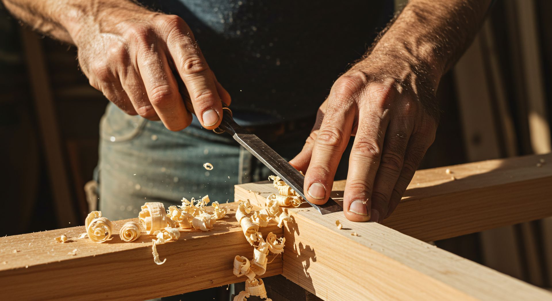 Hände eines Tischlers arbeiten an einem Holzstück