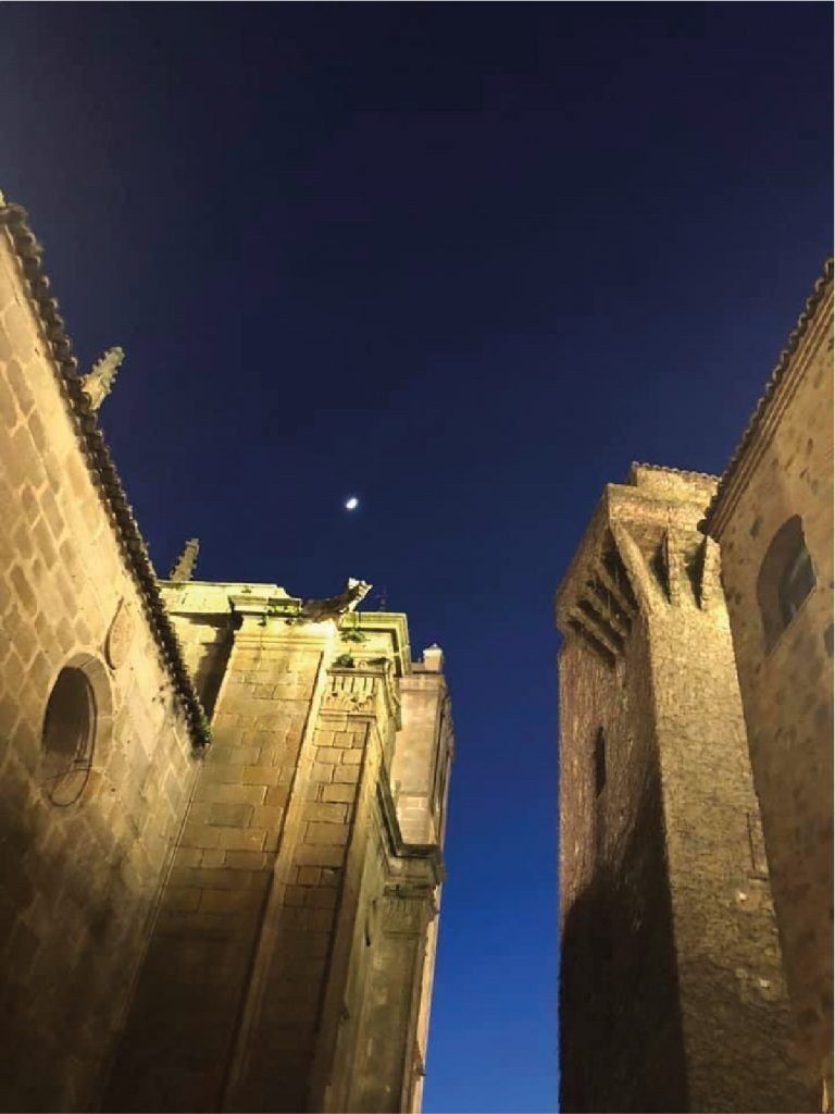 Edificios de piedra gótica recortados contra un cielo azul oscuro vespertino, con la luna visible.