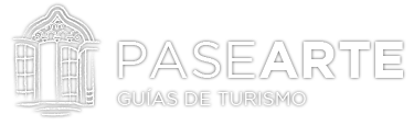 Logo for Pasearte, tourism guides. Featuring an outlined window and text: Pasearte, gu&iacute;as de turismo.