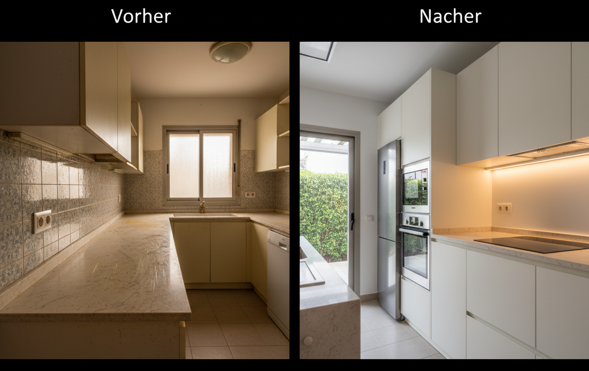 Küchenrenovierungsvergleich: alte Küche mit hellgelben Schränken neben einer modernen weißen Küche mit offener Tür.