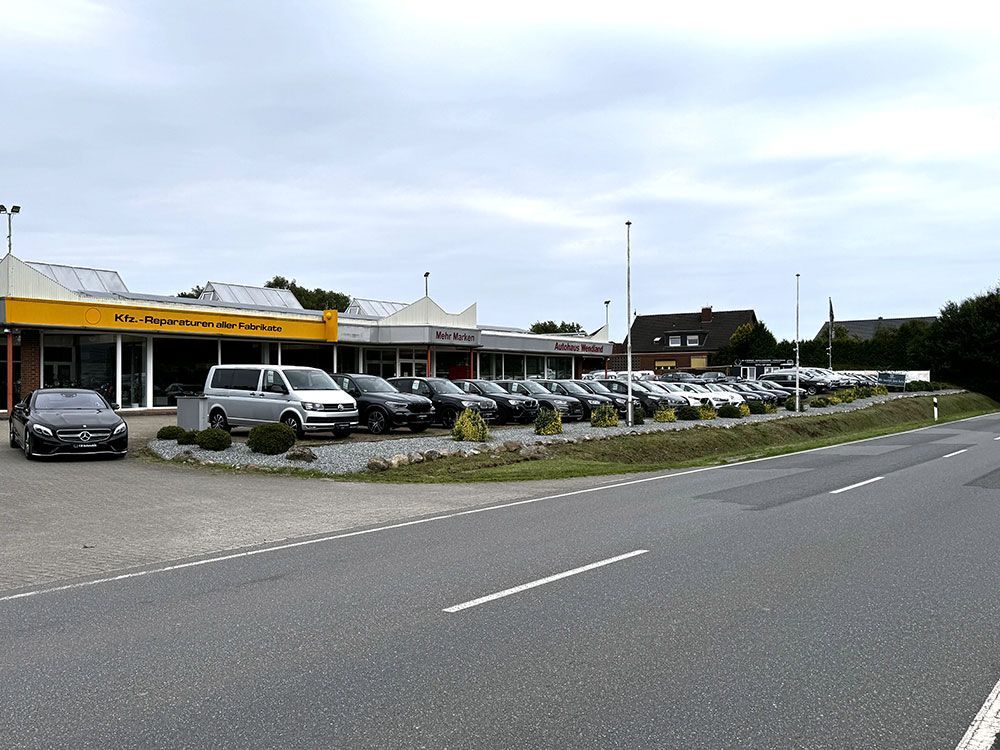 Vor einem Autohaus parken viele Autos.