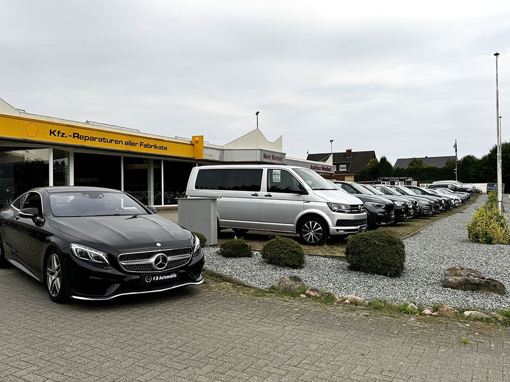 Vor einem Autohaus parkt eine Reihe Autos.