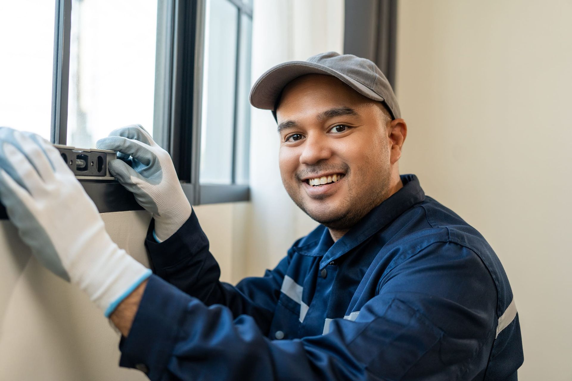 Técnico con uniforme azul y guantes inspeccionando un dispositivo junto a una ventana, sonriendo.