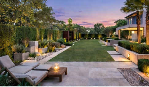 Jardín trasero moderno con paisajismo al atardecer, con césped, tumbonas y cálida iluminación de patio.