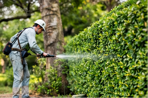 Un jardinero con ropa de trabajo gris rocía agua sobre un denso seto verde al aire libre.