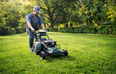 Una persona corta un césped verde y frondoso con una cortadora de césped manual en un jardín soleado que parece un parque.