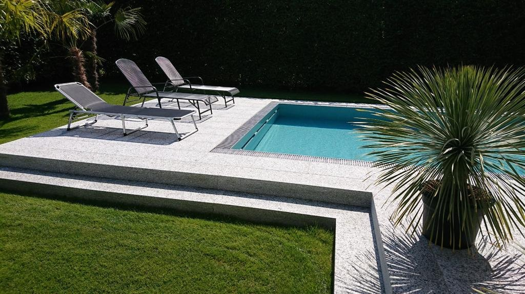 Ein großer Swimmingpool, umgeben von Liegestühlen und einer Palme.