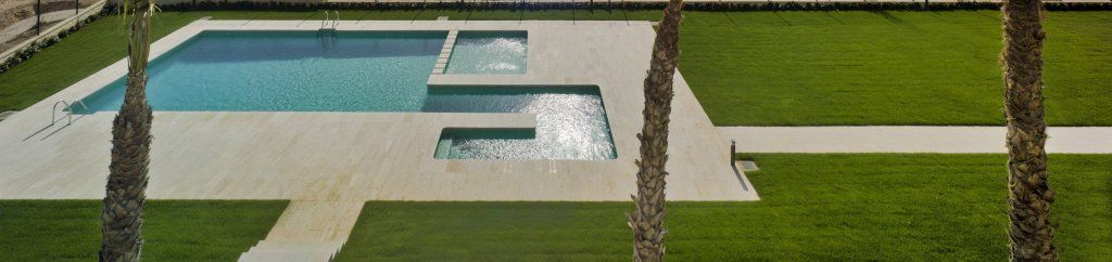 Una gran piscina está rodeada de árboles y césped.