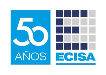 Un logotipo azul y blanco para 50 años de ecisa