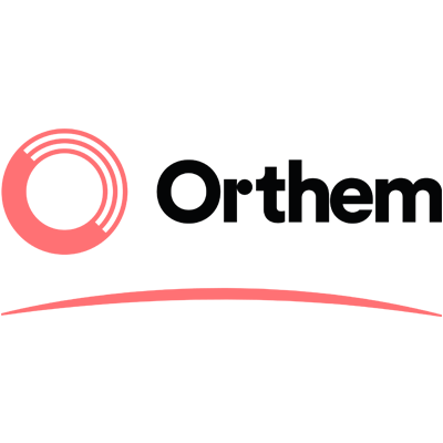 El logotipo de Orthem es un logotipo rosa y negro con un círculo en el medio.