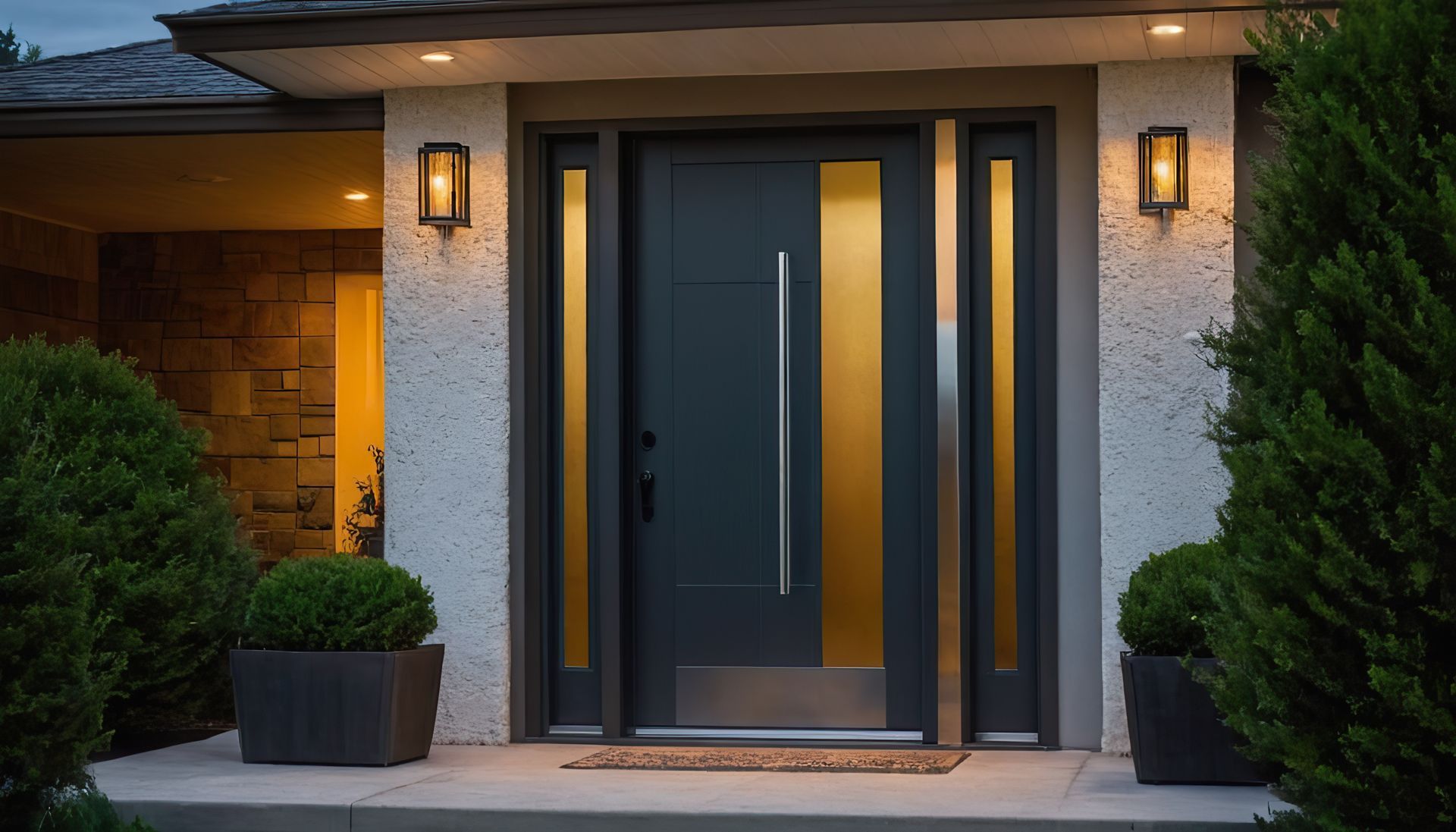 Entrée principale d'une maison moderne avec double porte bleu foncé, éclairage chaleureux et plantes en pot.
