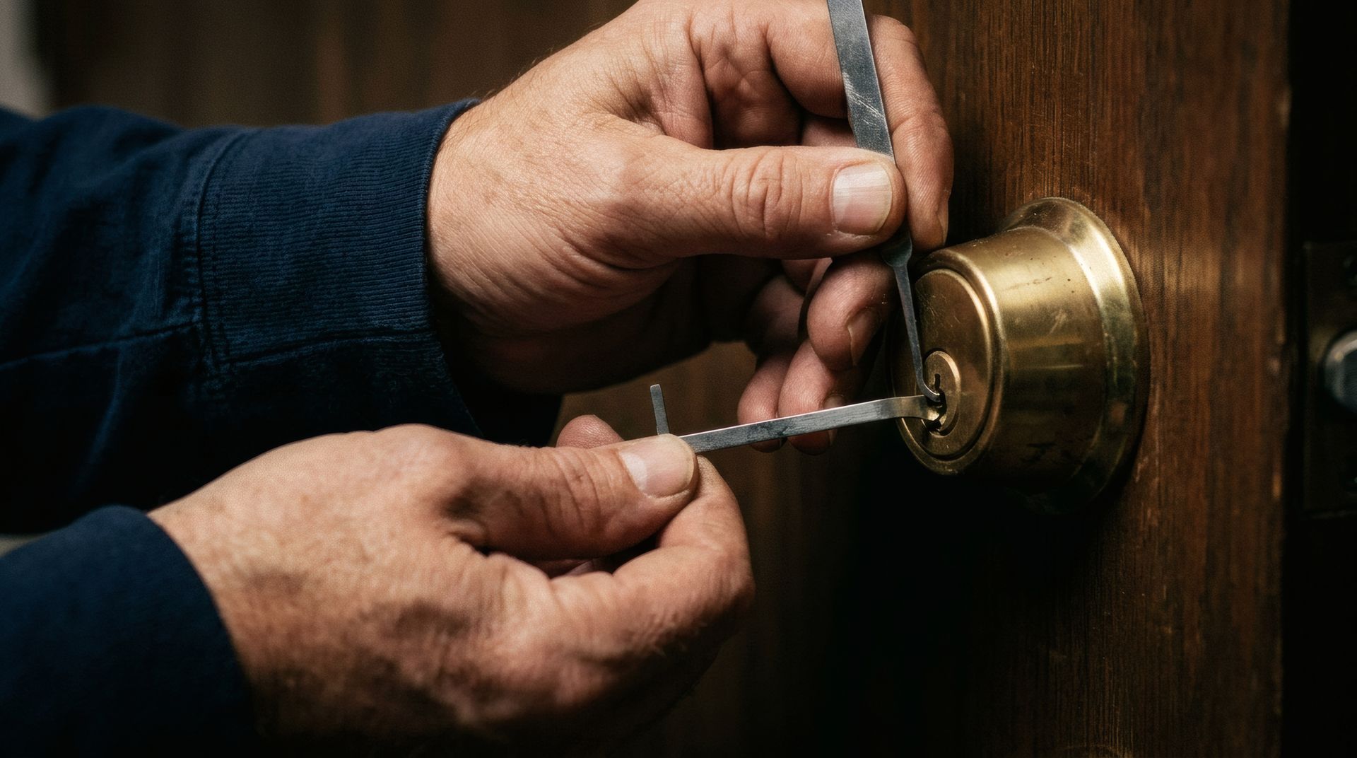 Des mains insérant une clé dans une serrure de porte en laiton sur une porte en bois.